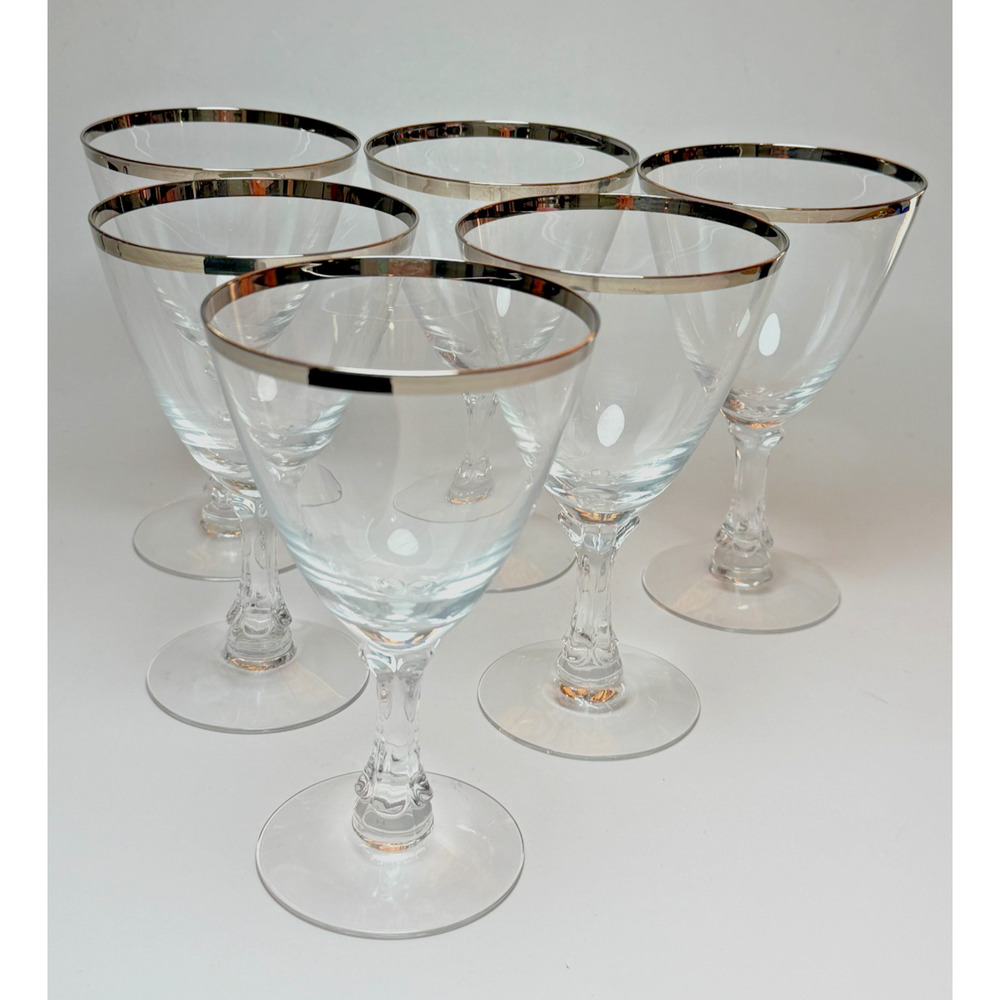 Vintage Set 6 Fostoria Crystal Wedding Ring Platinum Rim Water Goblet Glass Wine